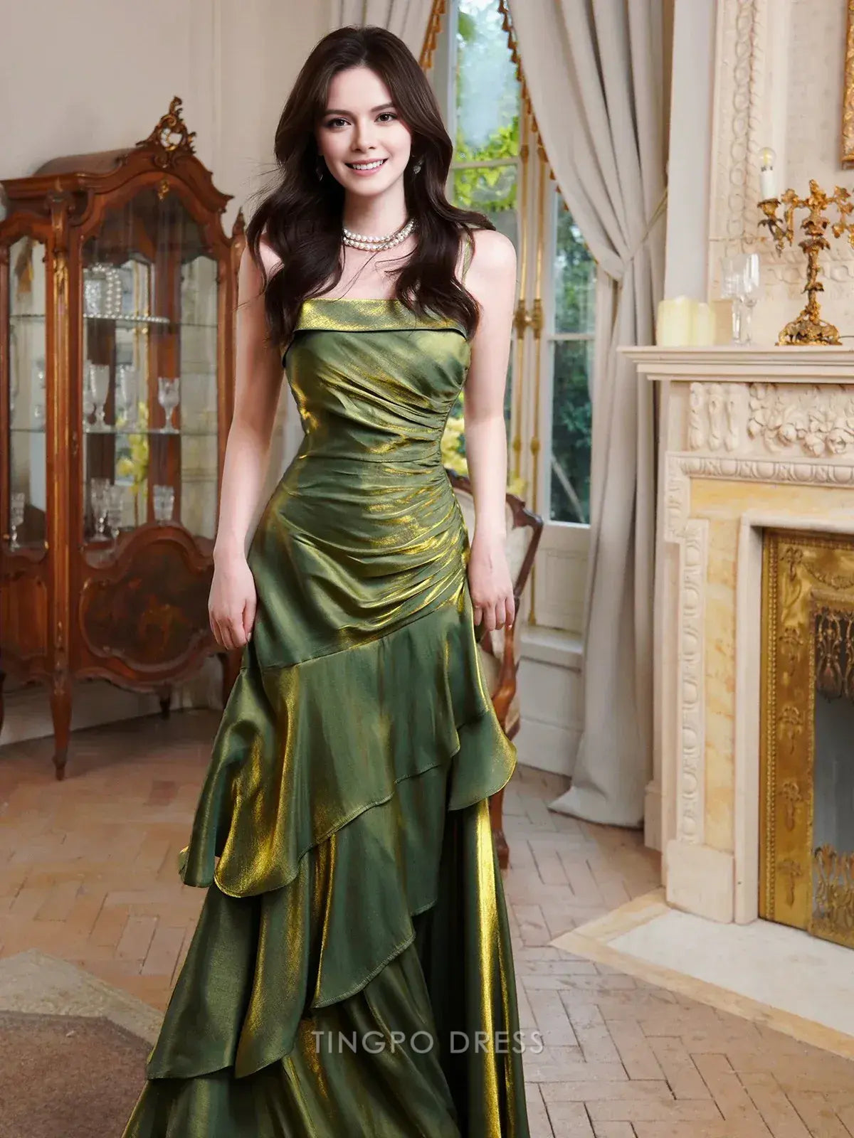 Elegant Spaghetti Strap Ruched Tiered Metallic Satin Mermaid Maxi Dress Prom Dress